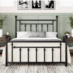 Allewie 14'' Queen Size Metal Platform Bed Frame, Vintage Headboard, Black