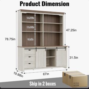 Farmhouse Kitchen Buffet Cabinet with Hutch / Sideboard + Upper Open Shelves