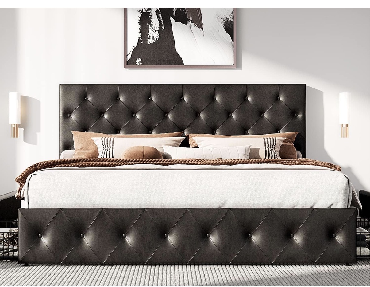 HOOMIC King Size Platform Storage Bed Frame with 4 Drawers & Adjustable Headboard – Black Faux Leather - Image 2