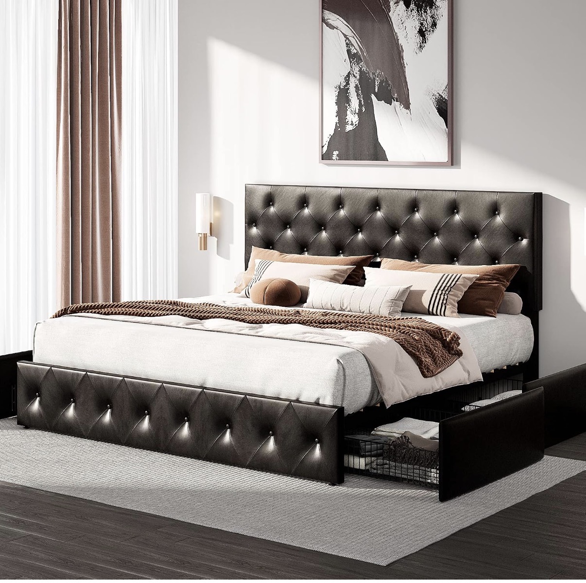 HOOMIC King Size Platform Storage Bed Frame with 4 Drawers & Adjustable Headboard – Black Faux Leather - Image 3