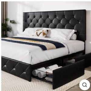 HOOMIC King Size Platform Storage Bed Frame with 4 Drawers & Adjustable Headboard – Black Faux Leather