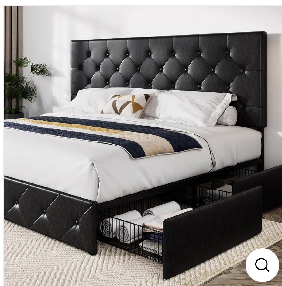 HOOMIC King Size Platform Storage Bed Frame with 4 Drawers & Adjustable Headboard – Black Faux Leather