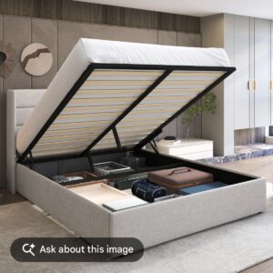 Name: SHA CERLIN Queen Size Lift Up Hydraulic Storage Bed Frame – Light Beige