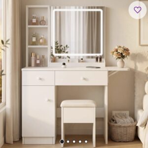 IRONCK Vanity Desk with LED Lighted Mirror & Charging Station