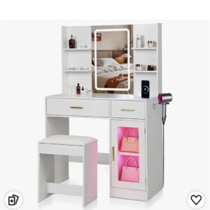 White LED Vanity Table with Charging + Stool