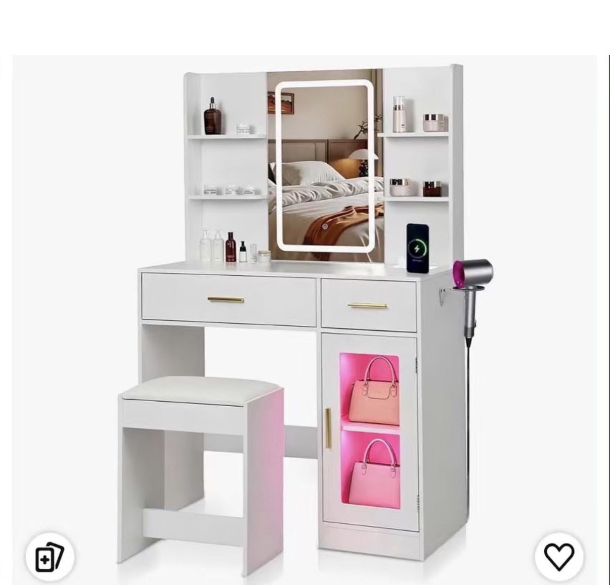 White LED Vanity Table with Charging + Stool